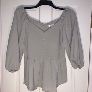 GREY GREEN ROUCHED SLEEVE PEPLUM TOP